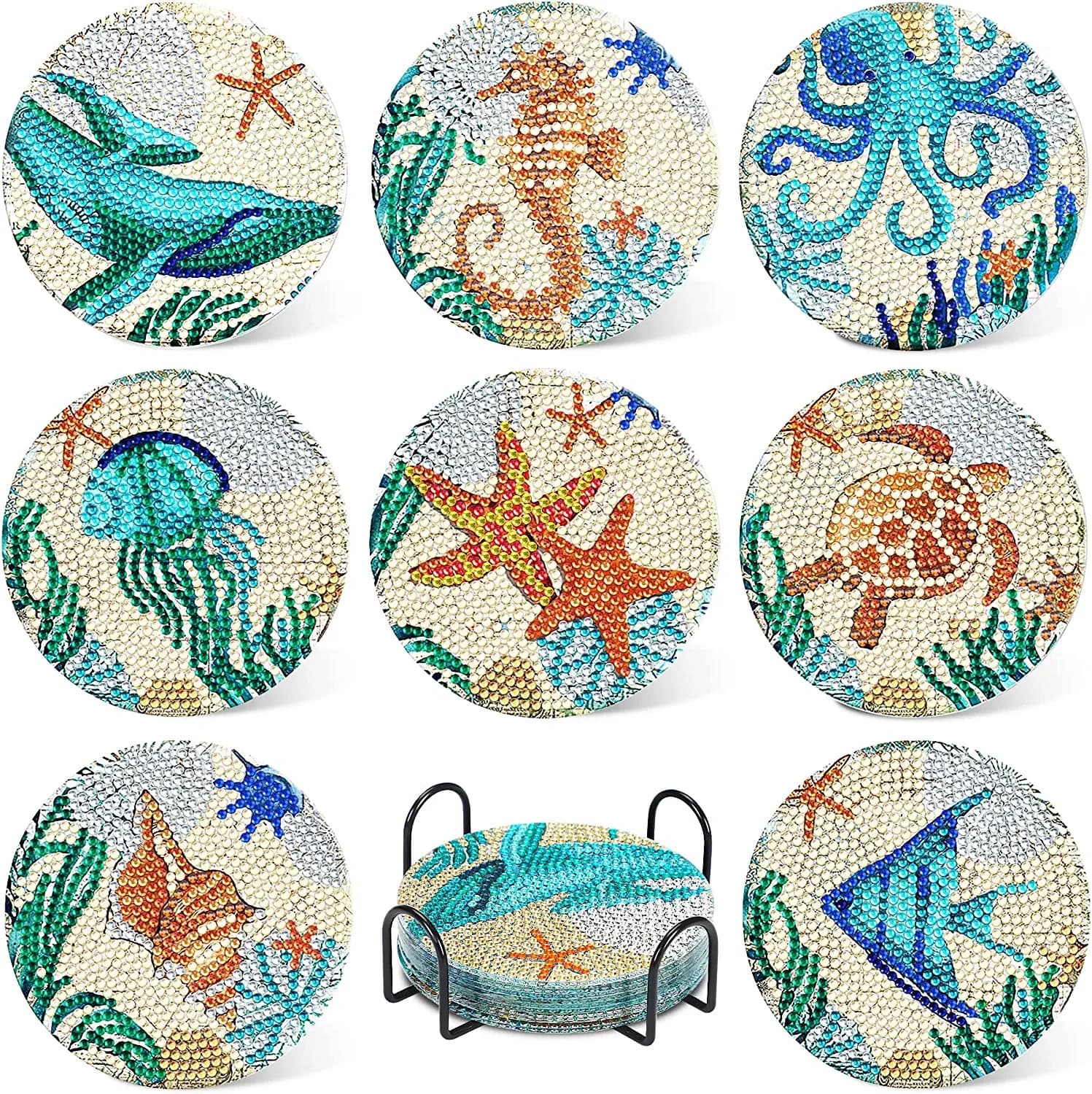 Diamond Painting Coaster Set with Stand, DIY Mandala Christmas Halloween Diamond Art Kit, Old Snowman Gift