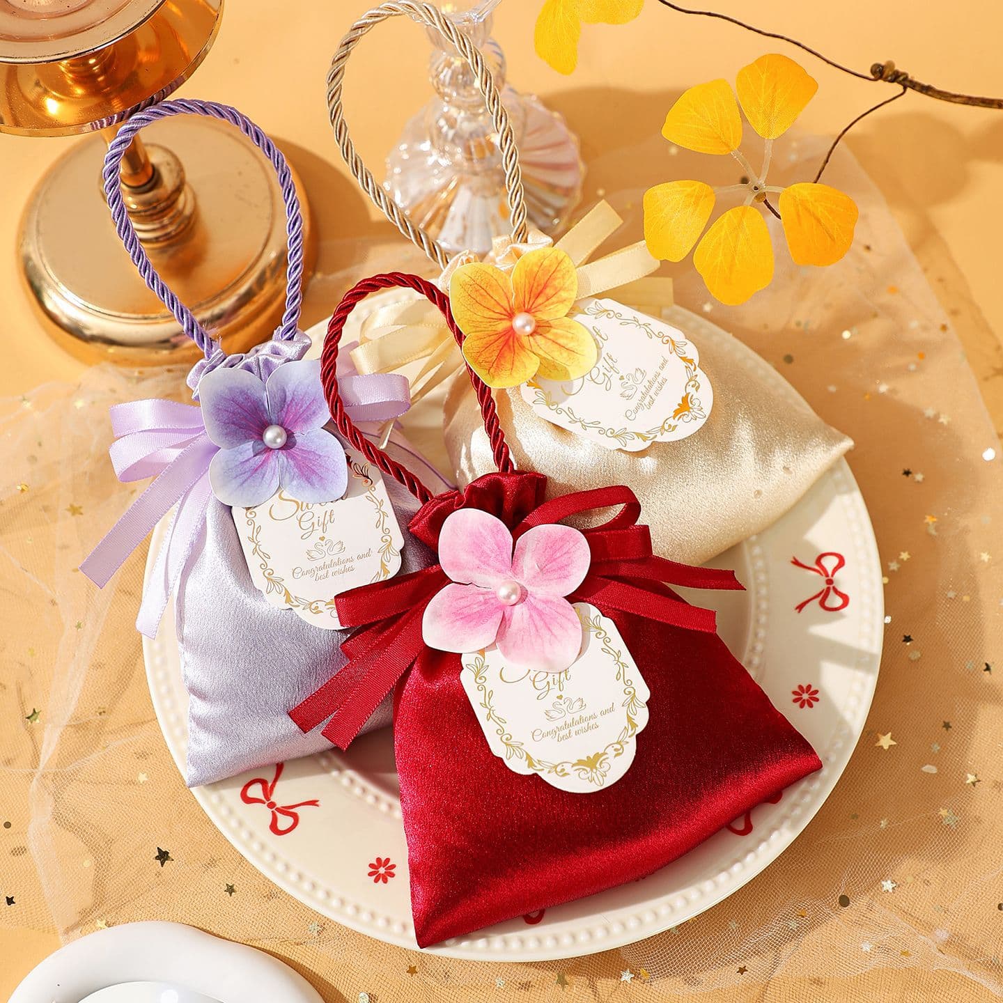 Wedding Candy Bag Satin Drawstring Pouch Gift Bag for Wedding, Bridal Shower, Party Favor, Premium Quality