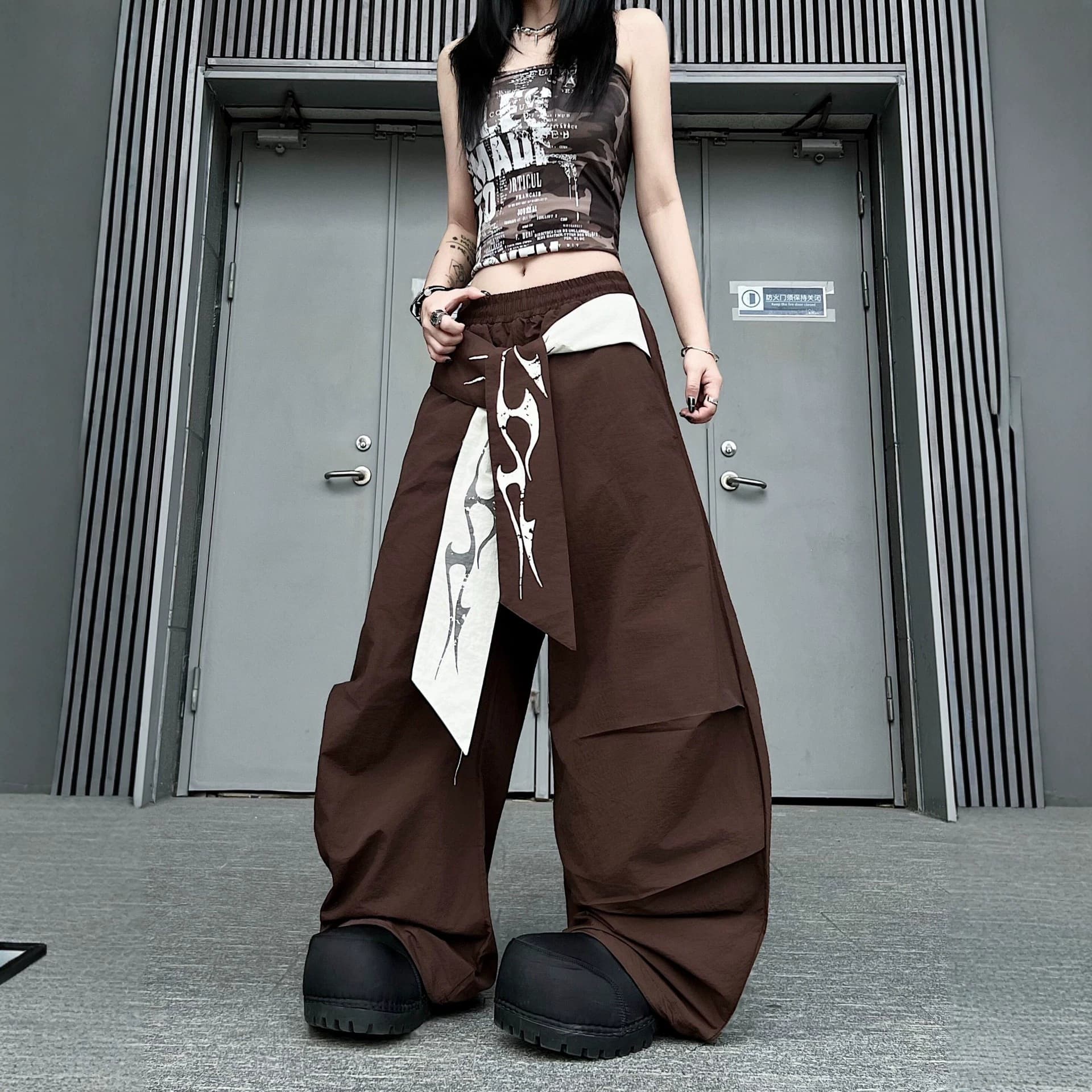 Streetwear High Street Curved Blade Pants Casual Loose Unisex Drawstring Waist Deconstructed Pleated Paratrooper Women's Casual Pants