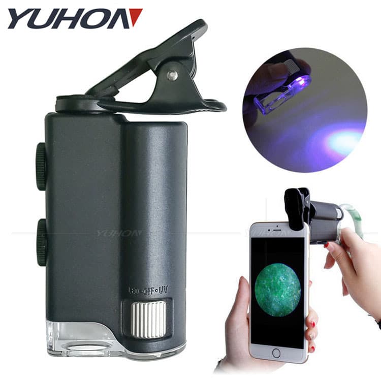 60x-100x Universal Mobile Phone Clip-on Microscope HD Zoom Adjustable Magnifying Glass with LED Light Strip for Money Inspection
