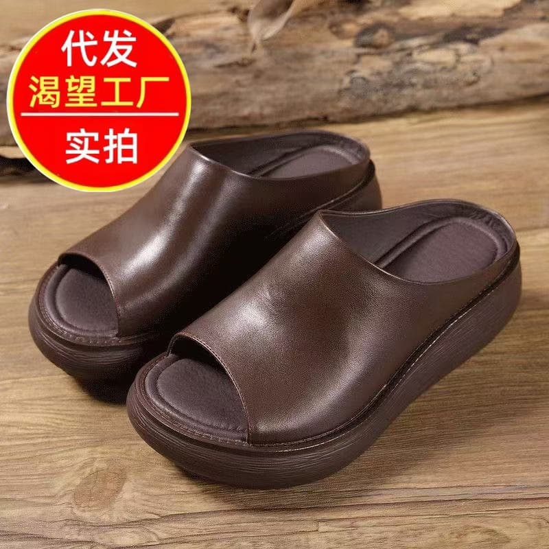 2026 Summer New Ethnic Style Open Toe Wedge Slide Sandals with Thick Platform Chunky Heel Retro Fashion Casual Slippers