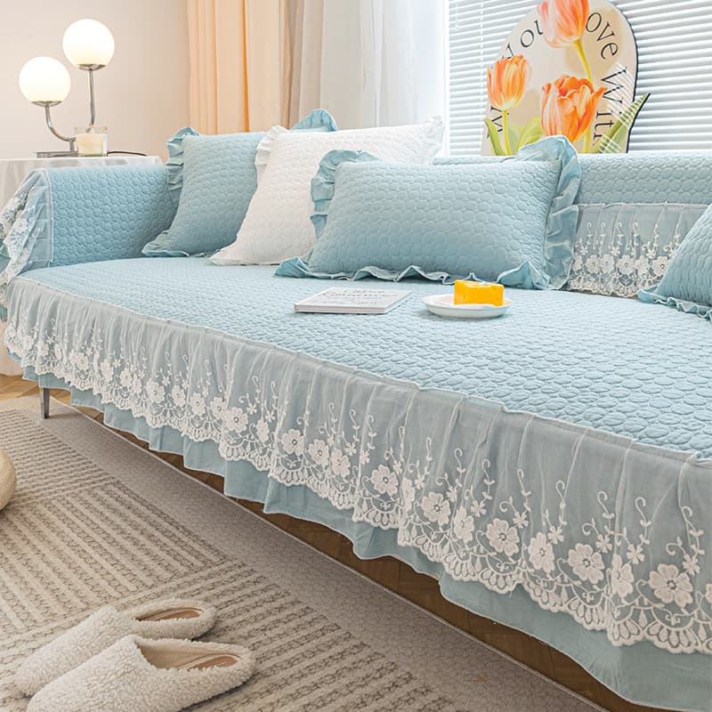 Korean Style Pure Cotton Sofa Cushion, Fresh Blue Pad, Non-Slip, All-Season, Modern Minimalist Sofa Cover