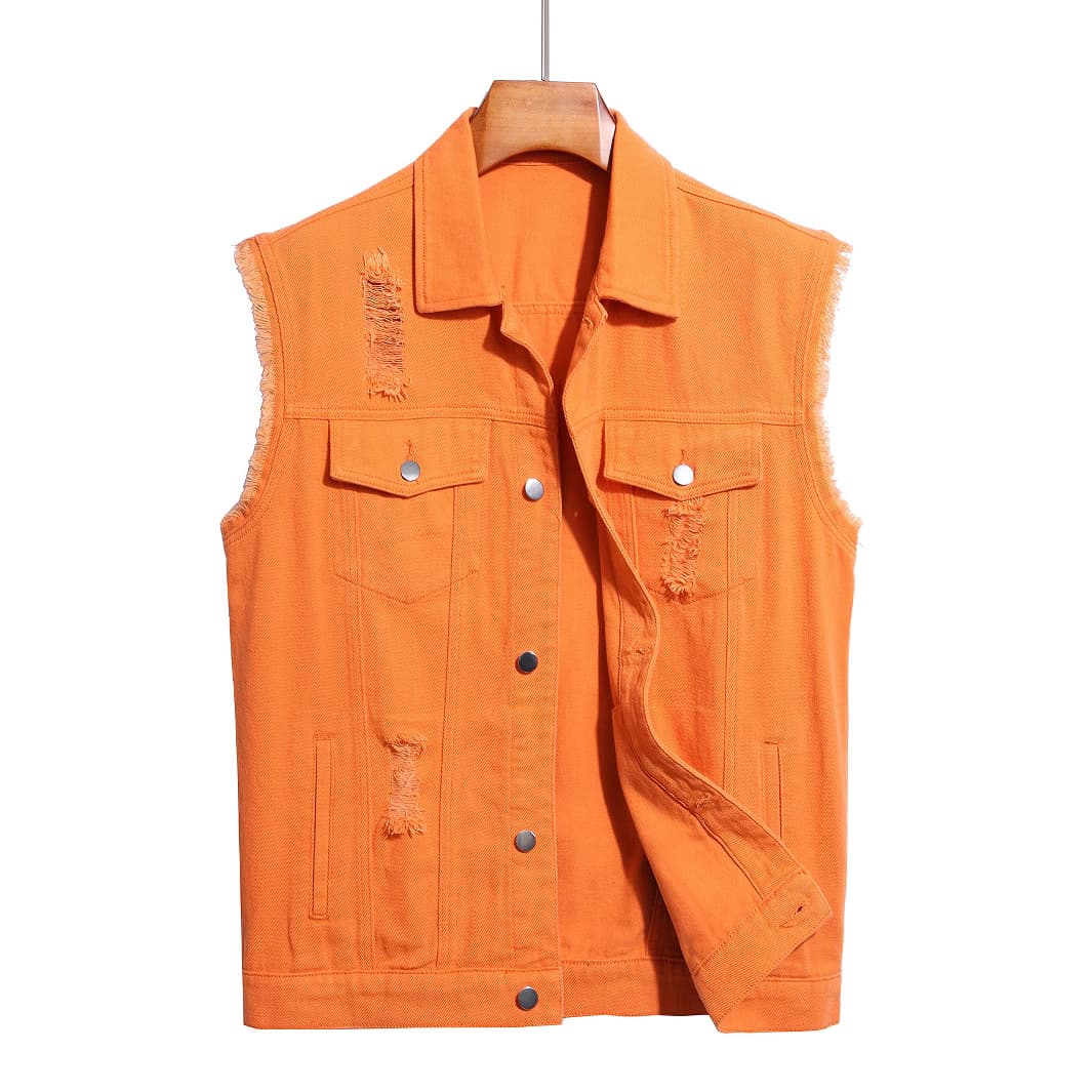 2025 New Style Denim Vest, Sleeveless, Distressed, Fashionable, Casual, Vintage, Ripped, Orange Denim Vest Jacket