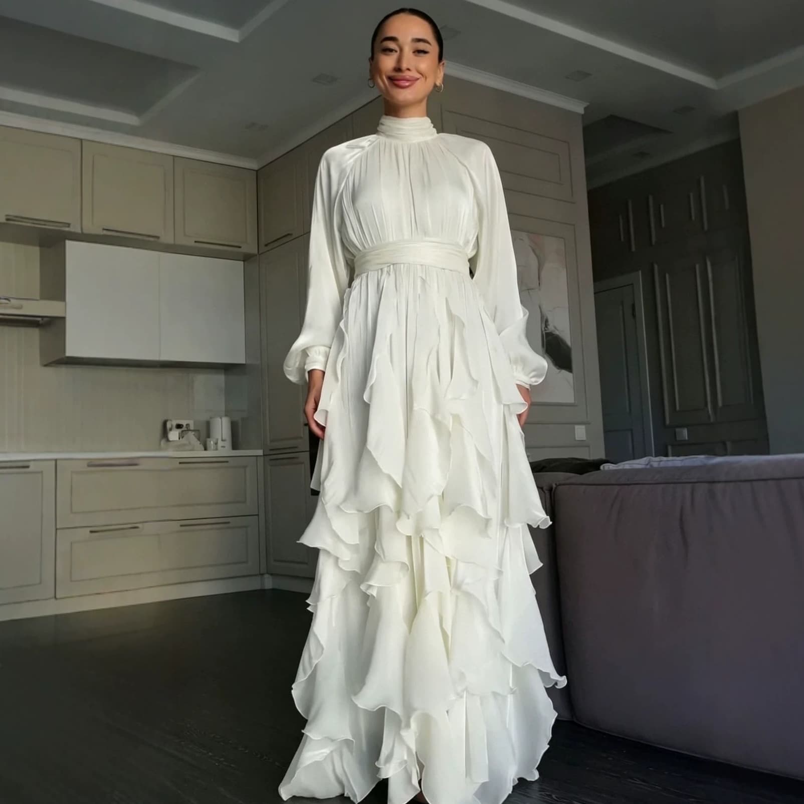 2026 New Arrival Women's Long Dress with French Ruffled Waist, Elegant Long-Sleeve Dress