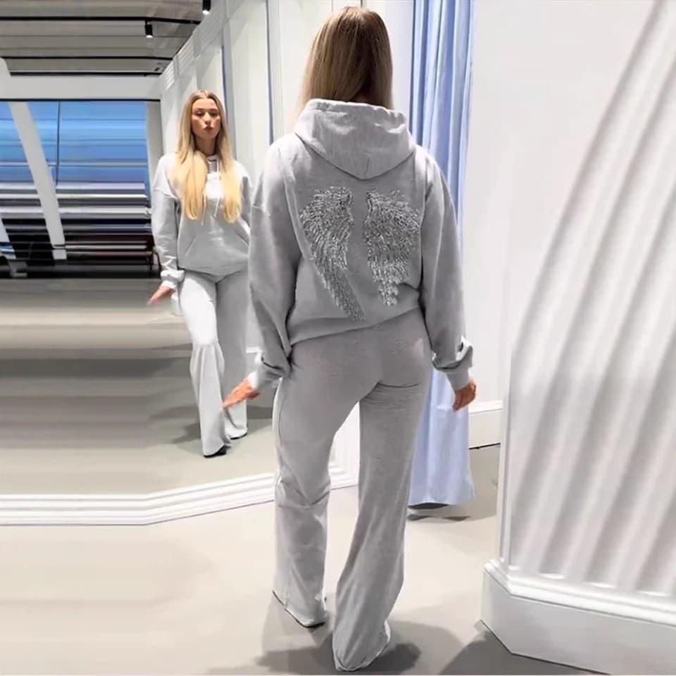 Cross-border Street Wholesale Angel Wings Sequined Hoodie Women Loose Long Sleeve Pullover Top