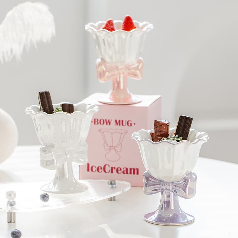 Japanese Style Bow Ceramic Cup Ice Cream Cup Dessert Cup Premium Cute Girls Exquisite Personalized Design Couple