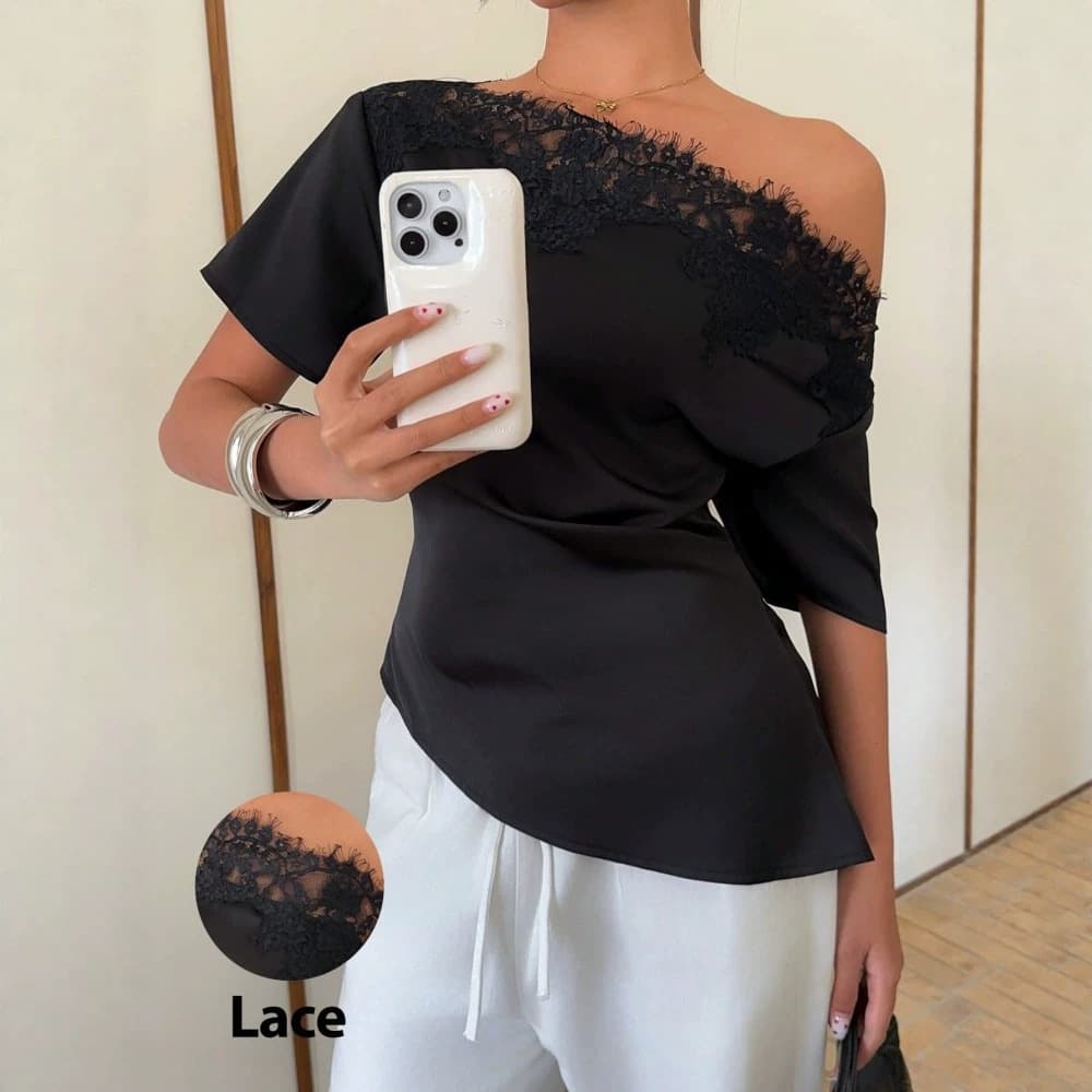 European and American Lace Trim One-Shoulder Satin Short-Sleeve Solid Color Fitted Women's Elegant Top