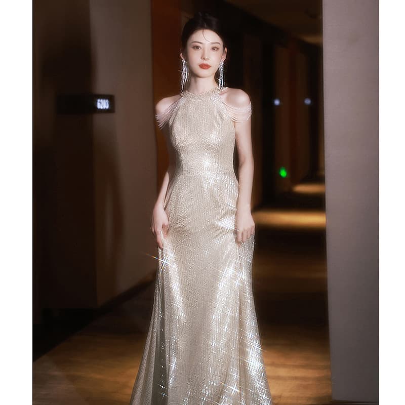 Sequin Evening Dress Women's Halter Neck Light Luxury Chic Temperament Socialite Banquet Hostess Champagne Color