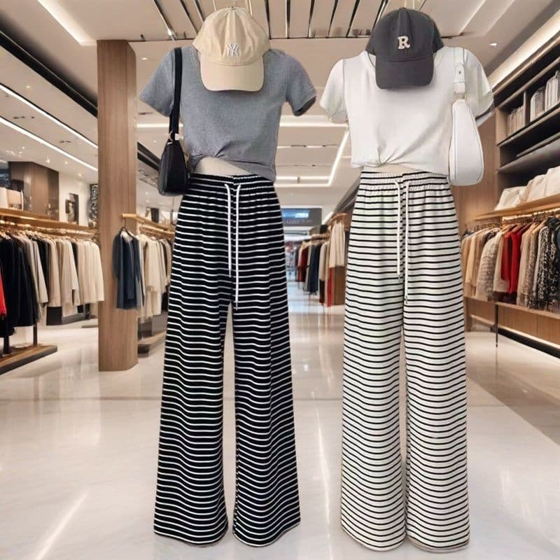 Black and White Stripe Casual Pants Women 2026 Spring Summer High Waist Straight Leg Loose Flowing Wide Leg Pants Floor-Length Ribbed Trousers