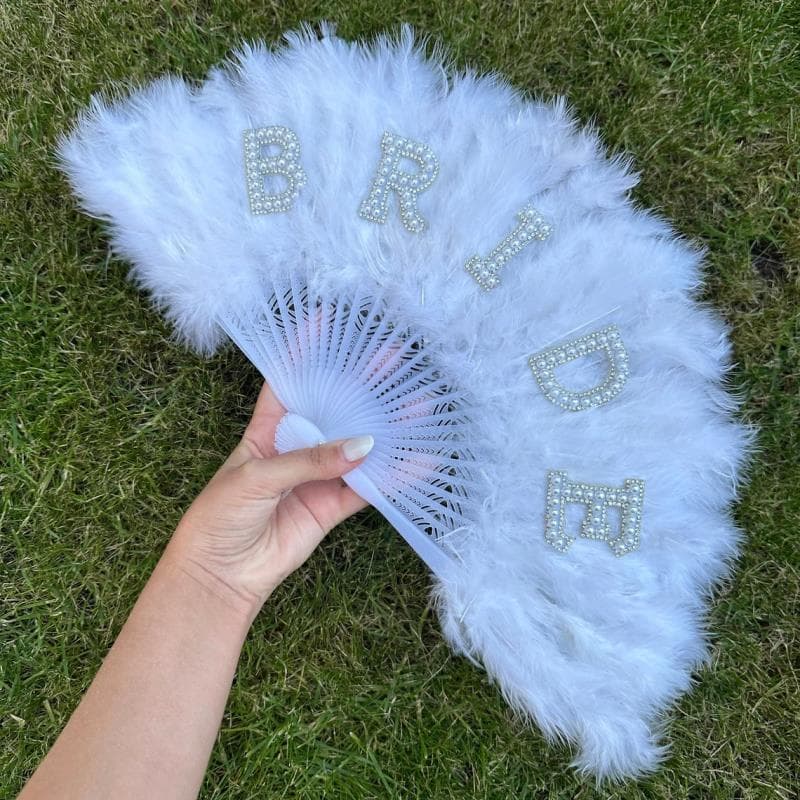 Amazon Bride Pearl Letter Bride White Feather Folding Fan for Bachelorette Party Wedding Decoration