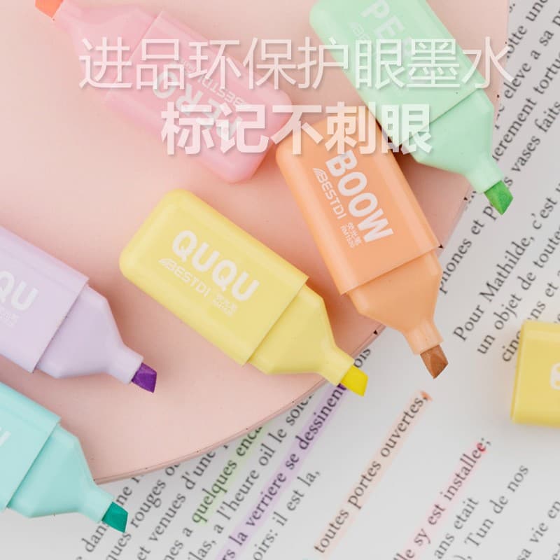 Mini Cartoon Highlighter Set - Macaron 6 Pastel Colors Fluorescent Markers for Study and Office Eye-Care Marking Pens