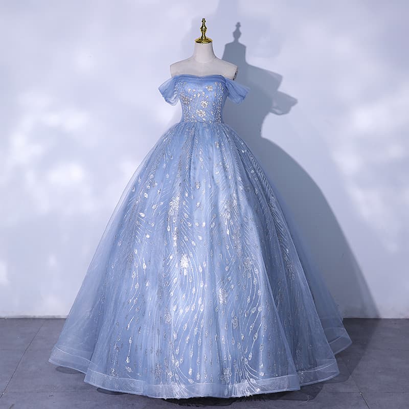 One-Shoulder Evening Gown in Misty Blue, Vocal Music Art Exam Dress, Piano Performance Tutu Skirt, Annual Meeting Evening Dress, Summer