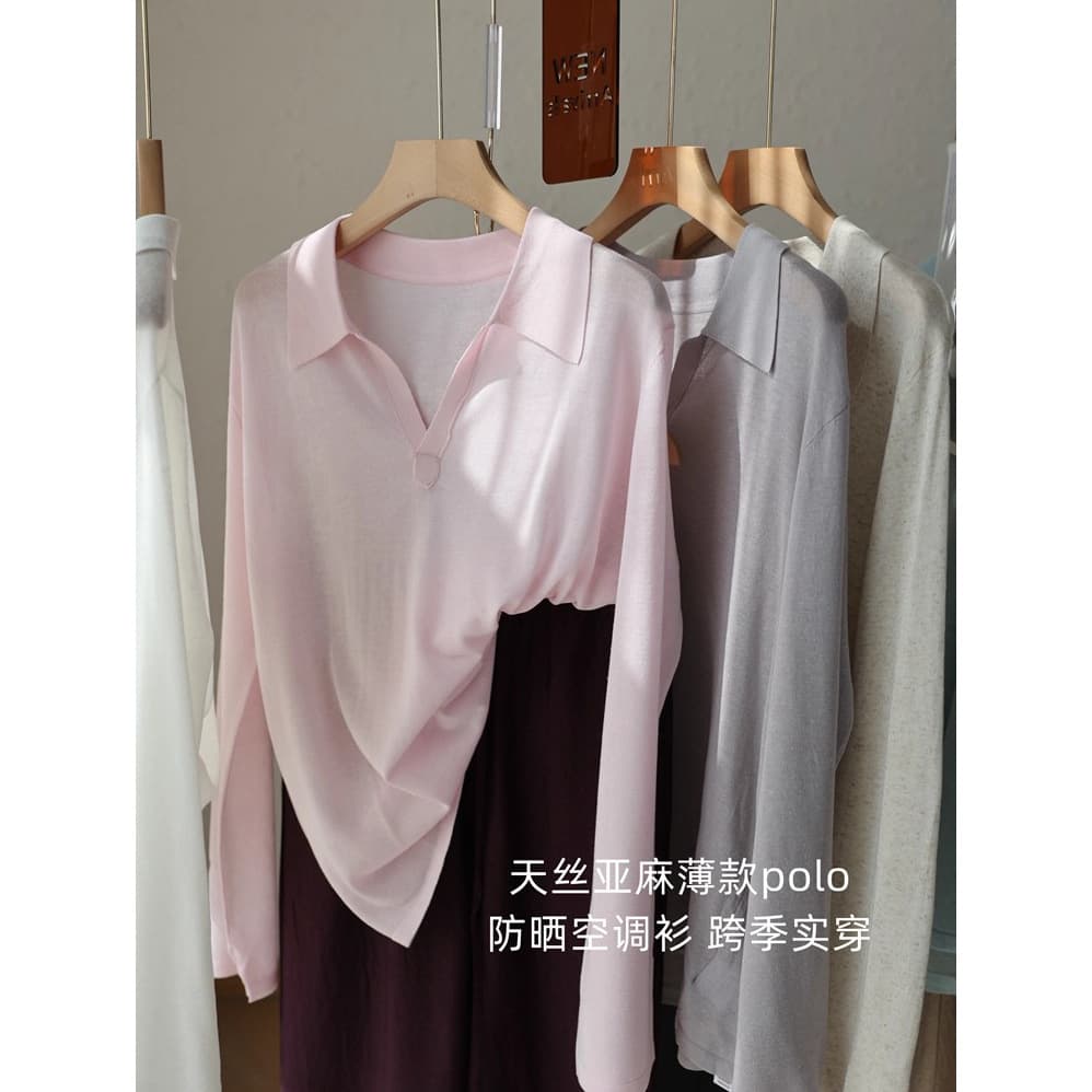 Breathing shirt! Early spring lightweight and comfortable linen Tencel polo lapel blouse for women loose slimming top