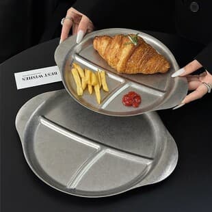 Vintage 201 Stainless Steel Double-Ear Serving Tray, Snack Fried Chicken Plate, BBQ Plate, Three-Compartment Dipping Sauce Plate, Fruit Plate, Divided Serving Plate