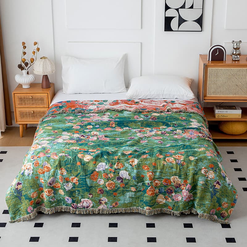 Dark Green Garden Gauze Cotton Towel Blanket Summer Coverlet, Bed Throw, Sofa Blanket, Office Nap Multifunctional Blanket