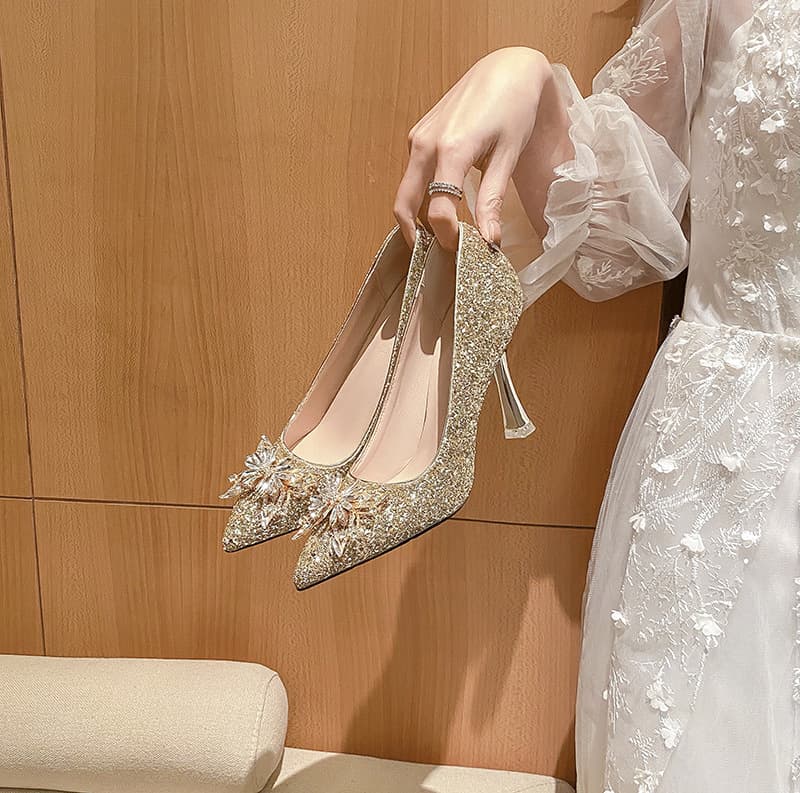 316-A98 New Silver High Heels Women Thin Heel Rhinestone Buckle Bride Shoes Plus Size Wide Bridesmaid Shoes Women