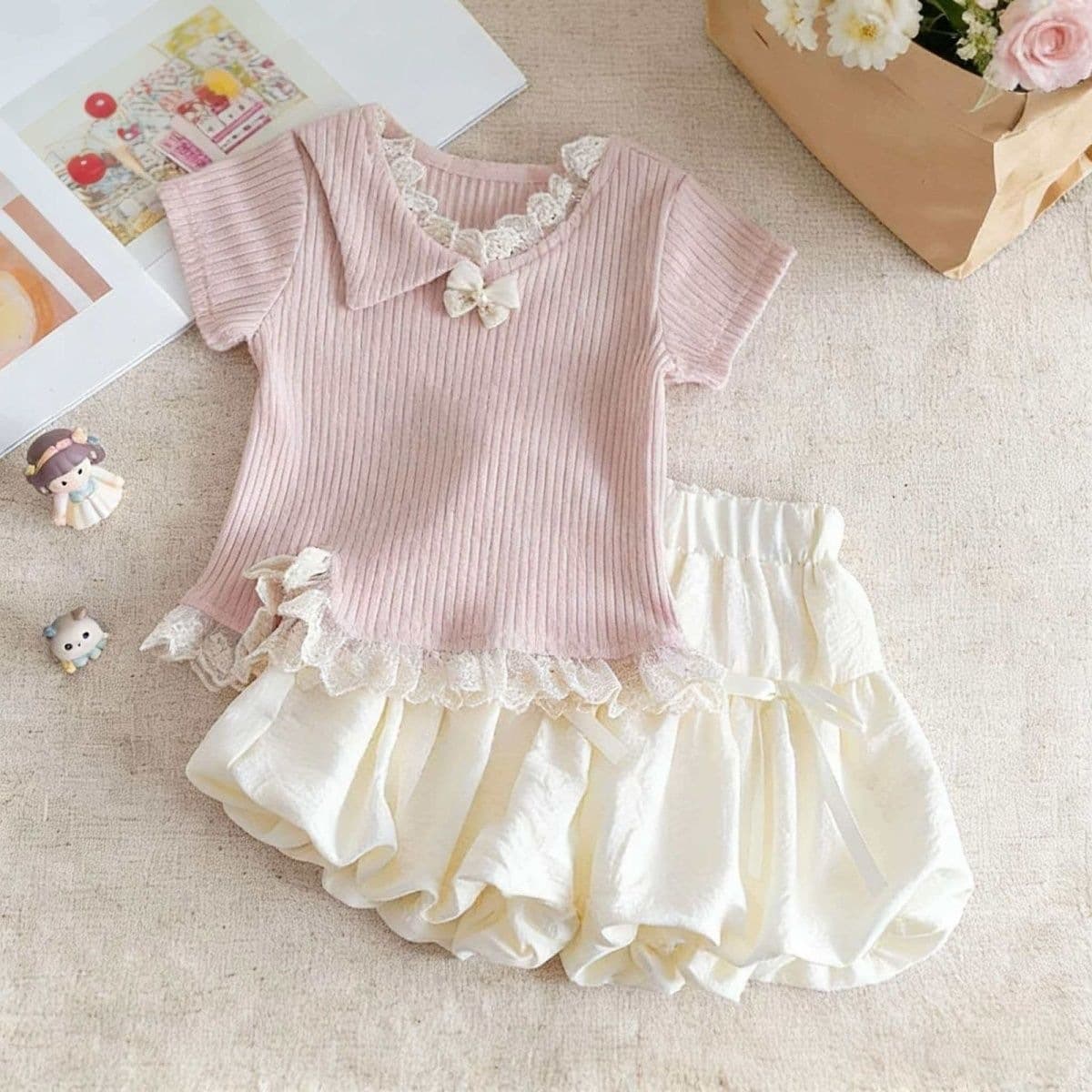 Girls Summer Suit 2026 New Children's Korean Version Sweet and Cute Cartoon Tops Baby Girl Western Style Two-piece Set