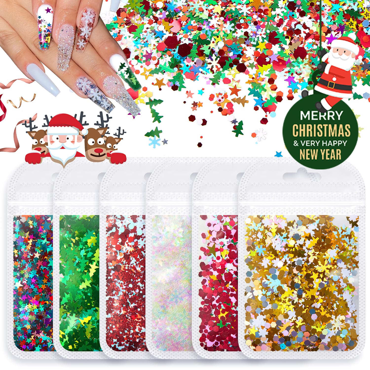 Amazon Christmas Nail Art Glitter Decoration Set Christmas Tree Snowflake Sequins Nail Polish Gel DIY Crafts