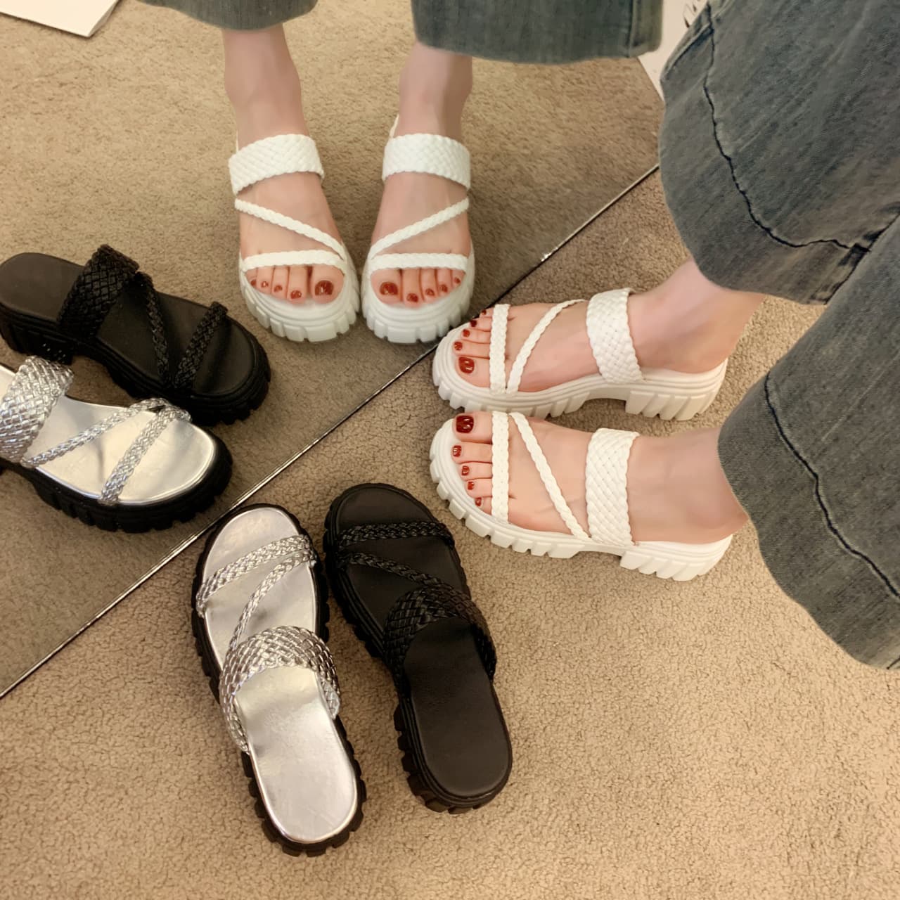 European and American style fashion simple summer new woven gear thick sole slippers one-word outer wear versatile retro women's shoes