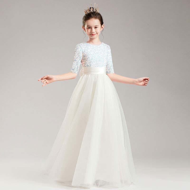 Girls' violin performance clothing, middle-aged children's evening dress, white children's dress, princess long dress, mid-sleeve skirt, catwalk