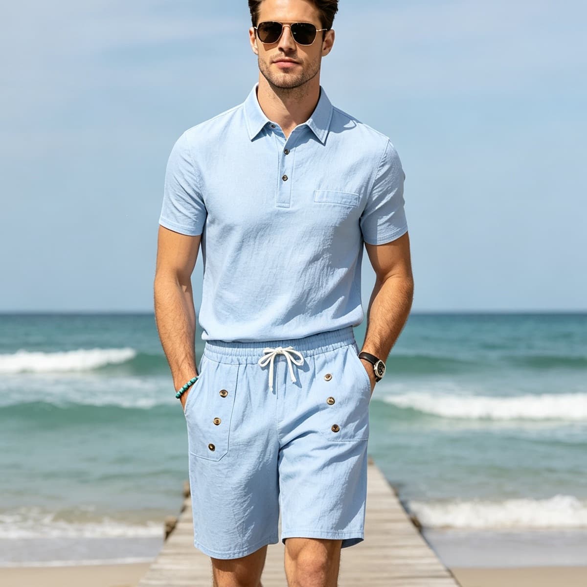 Cross-border European and American Men's Notch Lapel Linen Polo Shirt Summer Loose Casual Short Sleeve Chest Pocket Summer Set