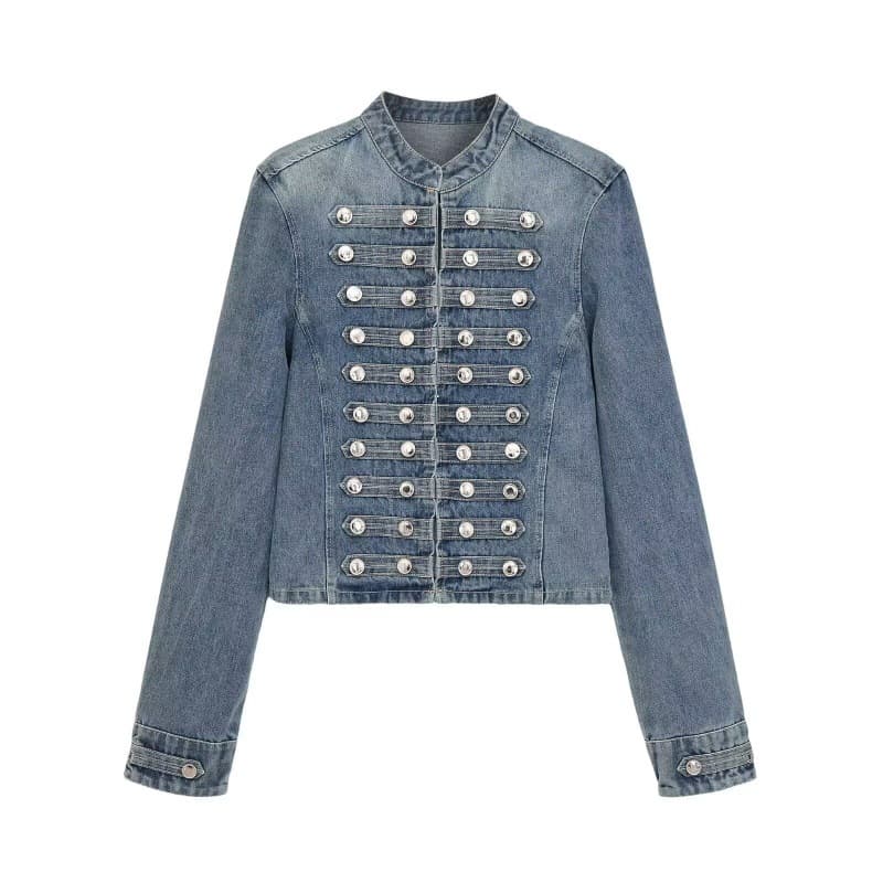 Cross-Border Best Seller: European & American Women's Washed Vintage Napoleon Button Stand Collar Denim Jacket Short Coat