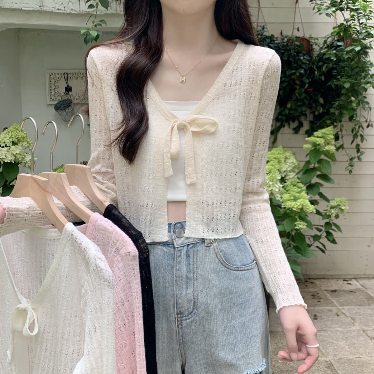 Knitted Sun Protection Cardigan for Women 2026 Summer Thin Tie-Front Open-Front Air Conditioning Cardigan Slimming Short Cover-Up Top