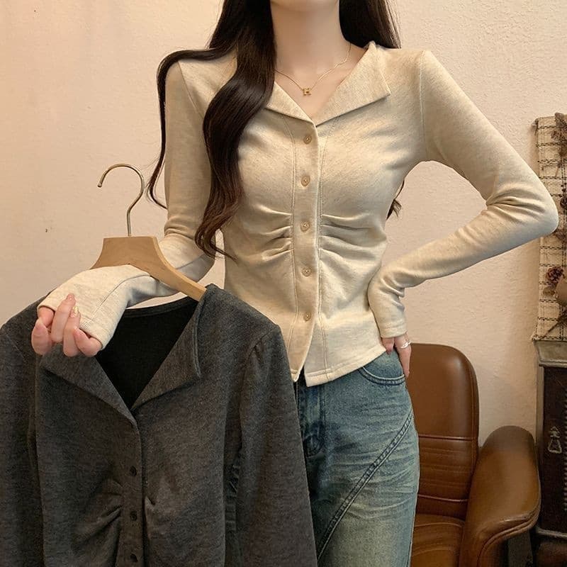 Women's cotton-blend polo collar irregular pleated long-sleeved T-shirt, spring and autumn inner and outer wear, slim fit base layer, off-shoulder top