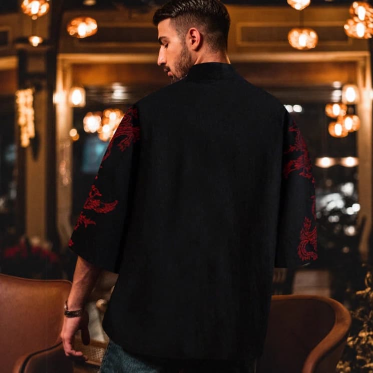 Ethnic Retro Minimalist Cardigan Kimono Haori Men's Jacket Chinese Style Phoenix Cape Kimono Thin Shirt
