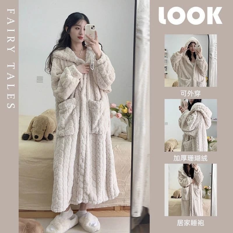 Coral Fleece Bathrobe for Women Winter Long Pants with Fleece Lining Thick Warm Hooded Robe Pajama Homewear Wearable Outdoors