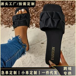 Overseas Plus Size Open-Toe Low Heel Slippers for Women Summer New Fashion European and American Pleated One-Strap Sandals
