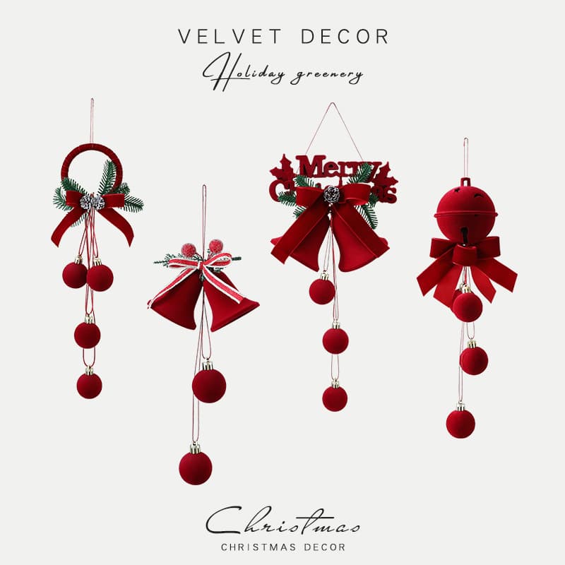 Hot-selling Export Flocked Christmas Bell Ornaments DIY Scene Decorations Window Wine-red Bell Hangers