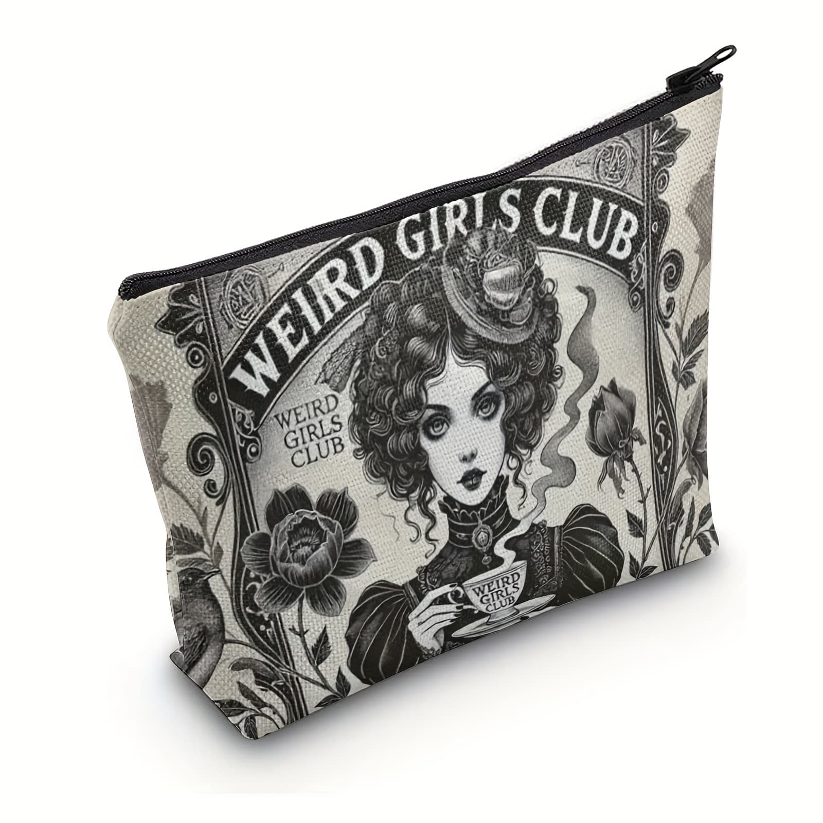 Quirky Gothic Victorian Tea Cup Makeup Bag Floral Zipper Travel Toiletry Pouch Foldable Storage Bag