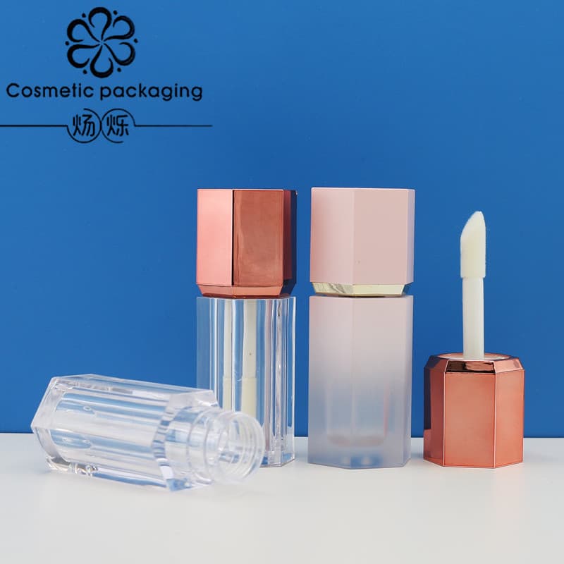 Wholesale Spray Plated Rose Gold Cap Octagonal Lip Gloss Tube Empty Tube Large Brush Head Lip Glaze Tube Cosmetic Packaging Material 6ml