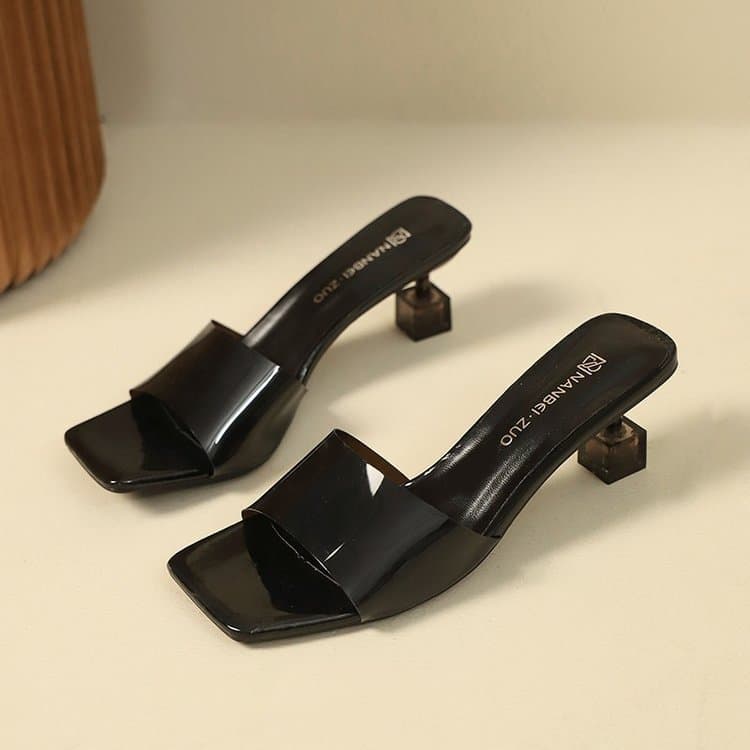 Women's Plus Size French Crystal Thin Heel Square Toe One-Strap Slippers, New High Heel Transparent Sandals for Women
