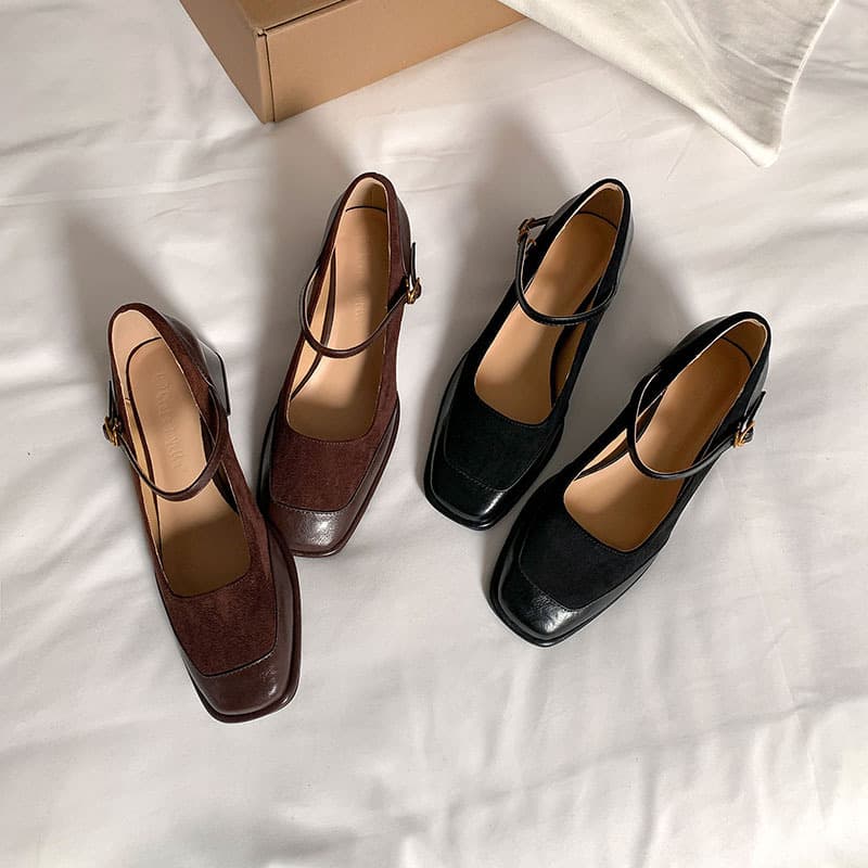 Genuine Leather Version~ High Heels for Women Spring and Autumn New Square Toe Thick Sole Black Petite French Block Heel Mary Jane Pumps