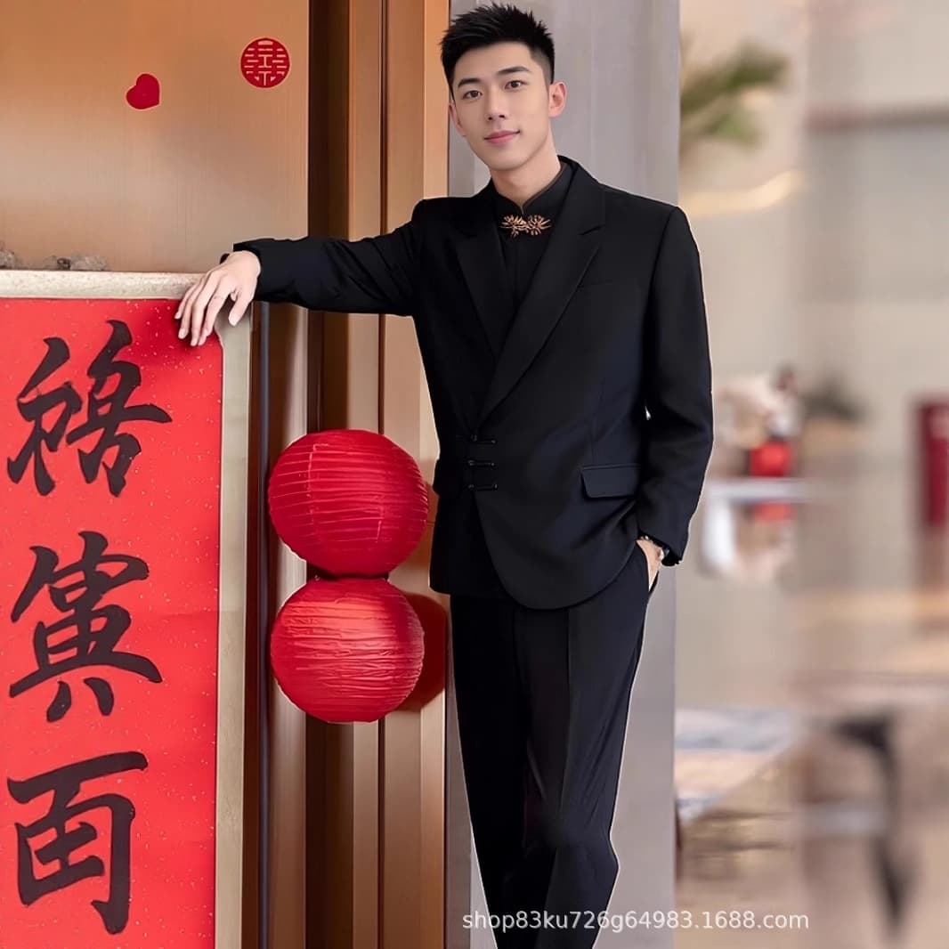2025 New Chinese Style Fold-Button Men's Suit, Engagement Groom's Wedding Attire, Traditional Chinese Style Tang Suit, Zhongshan Suit