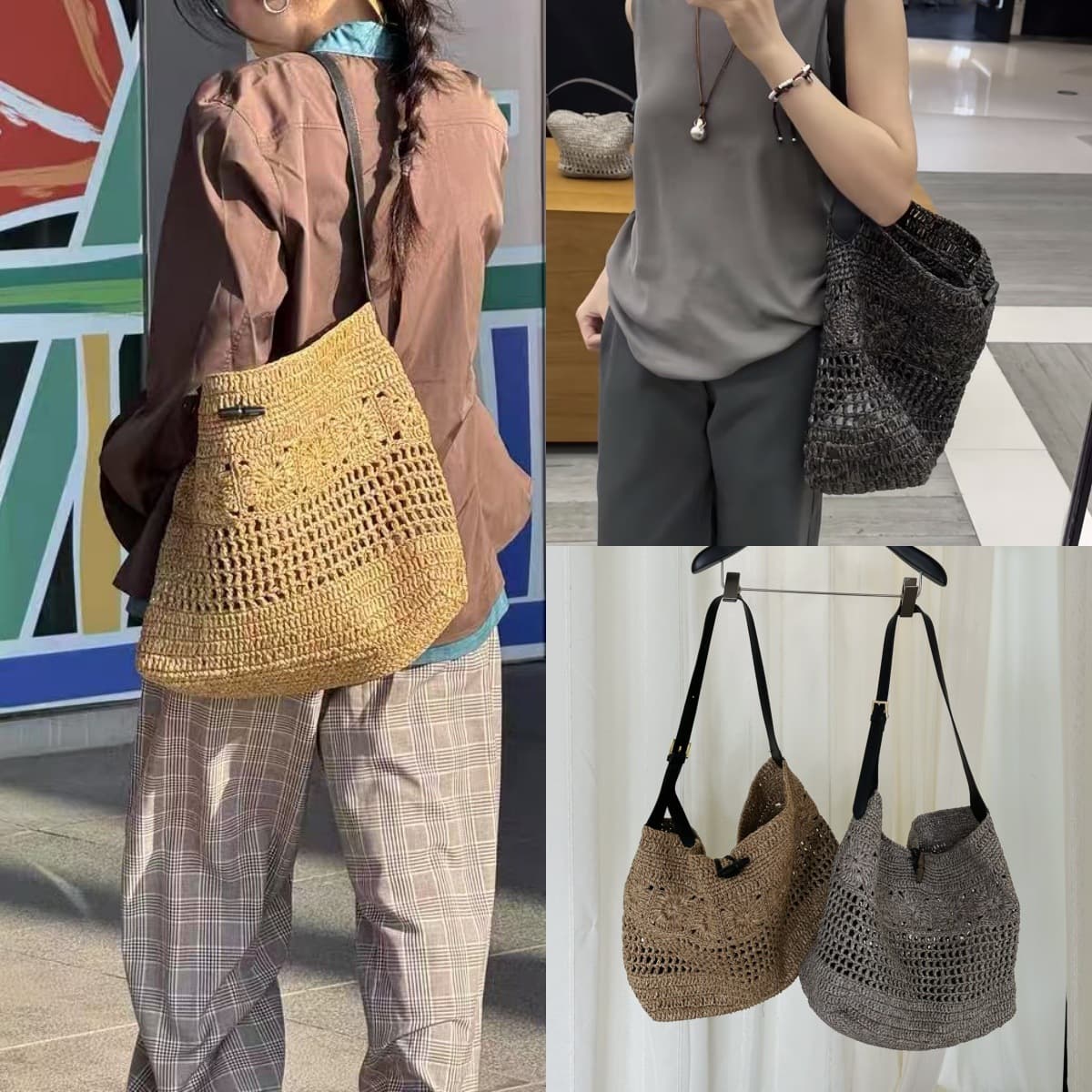 First-layer cowhide spliced raffia woven bag, hand-woven tote bag, large-capacity beach bag, shoulder crossbody bag