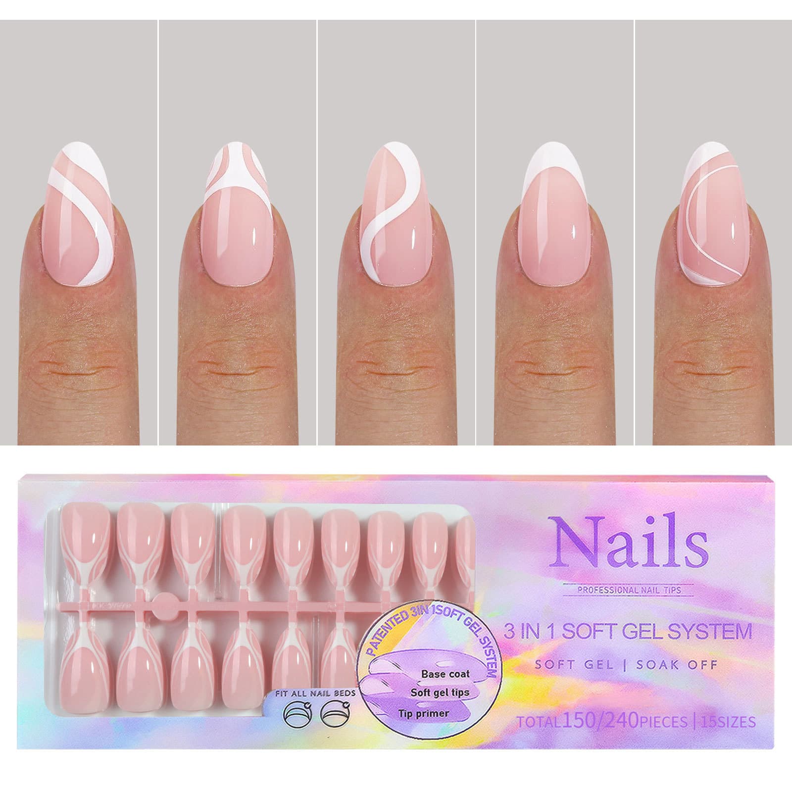 Cross-border French Nail Art Wearable Nails, Seamless Detachable Fake Nails with Adhesive Stickers
