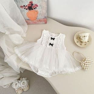 2026 New Summer Baby Sleeveless Mesh Bodysuit Dress, Stylish Bowknot Girl Baby 100 Days Birthday Party Dress
