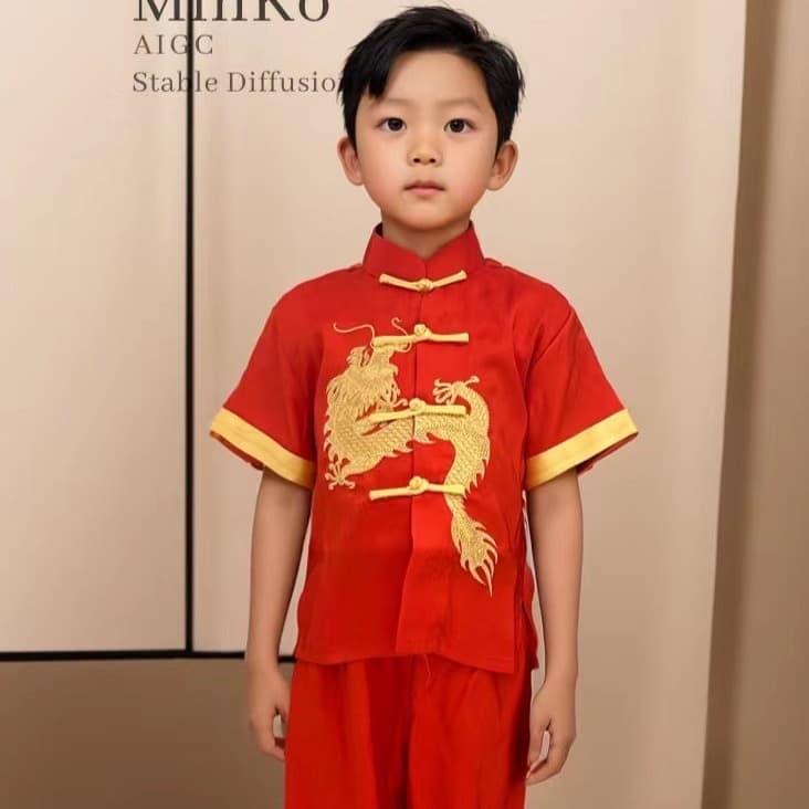 Red Tang-style short-sleeved children's clothing for boys, suitable for spring and autumn, with small and large dragon embroidery.