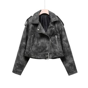 Influencer Same Style American Chic Fashionable Retro Tie-Dye Suit Collar PU Leather Jacket Women's Autumn Motorcycle Wear