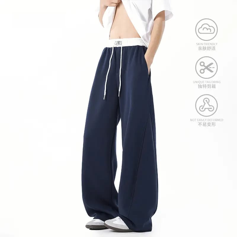 Women's Casual Sweatpants Spring Autumn Loose Double Stripe Drape Floor-Length Drawstring Dark Blue American Style Joggers Wide Leg Pants