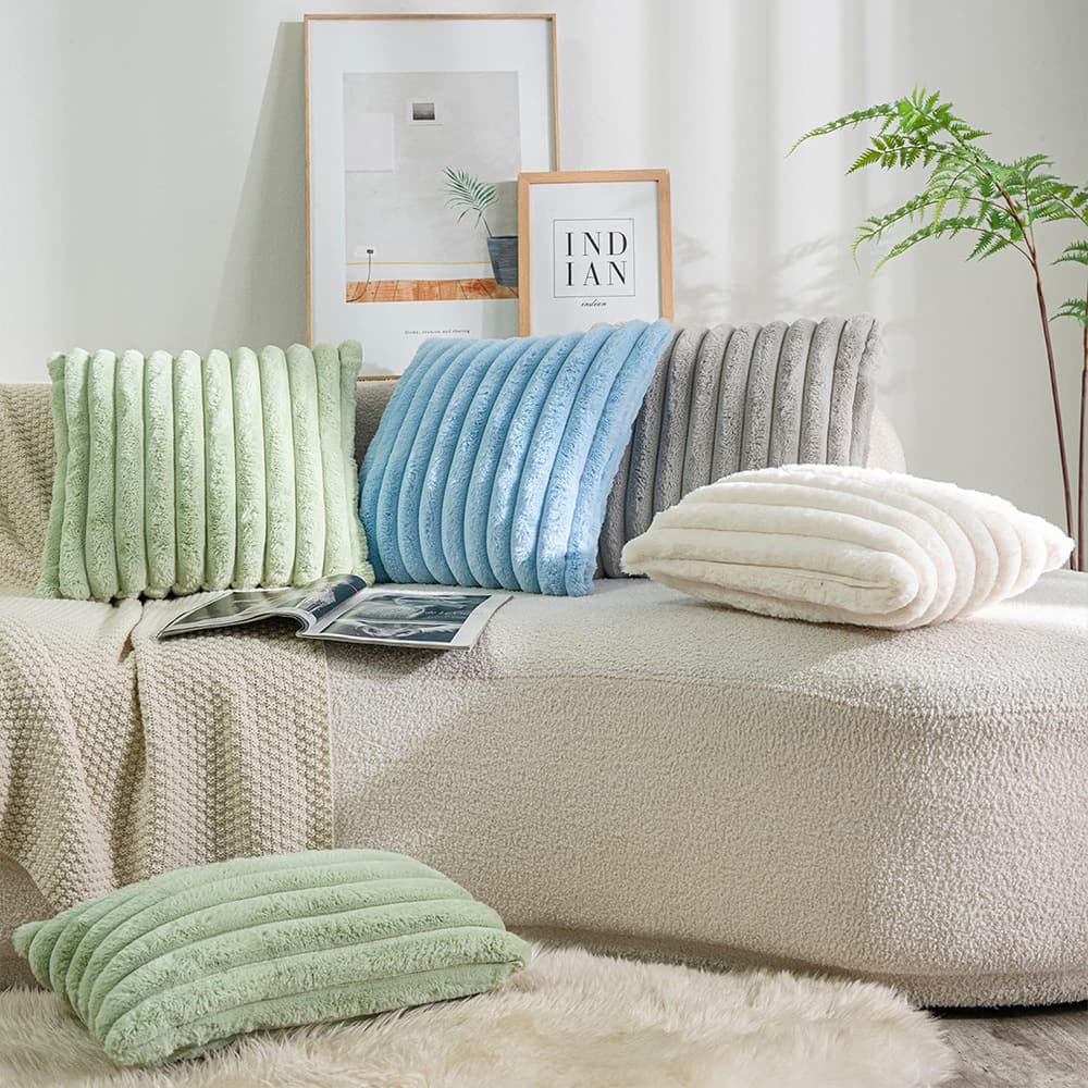 Cream Ins-style Solid Color 3.5cm Wide Vertical Stripe Faux Rabbit Fur Throw Pillow Cushion Simple Sofa Bedroom Pillowcase Soft