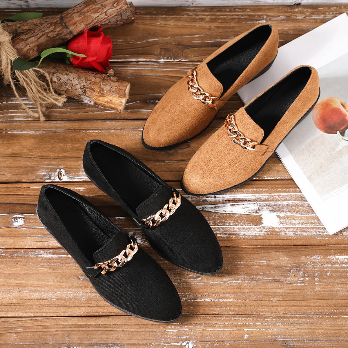 Cross-border Large Size Chunky Heel Loafers for Women 2024 Fall New Comfortable Elegant Metal Chain Round Toe Shallow Slip-on