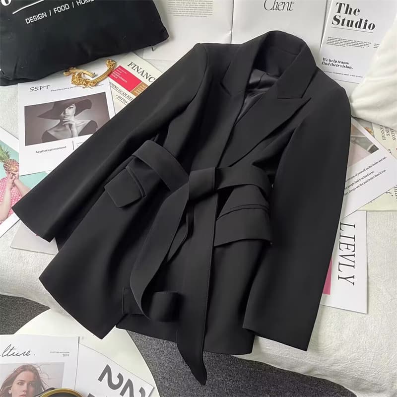2026 Spring and Autumn New Black Lace-Up Waist Slimming Suit Jacket Women's Casual Korean Style Mid-Length Suit Women