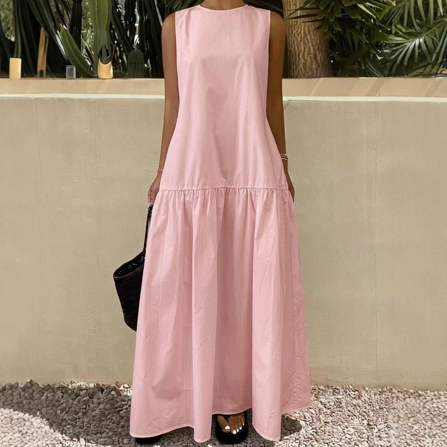 2026 Cross-border Women's Pullover Solid Color Round Neck Sleeveless Patchwork Loose Hem Long Dress