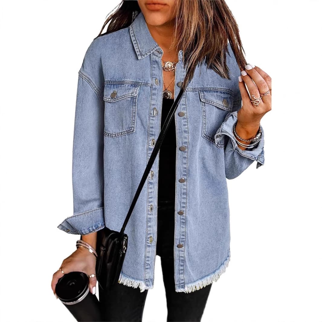 Cross-border Women's Oversized Denim Jacket Casual Long Sleeve Jean Jacket Distressed Denim Jacket 2025 Spring Clothing