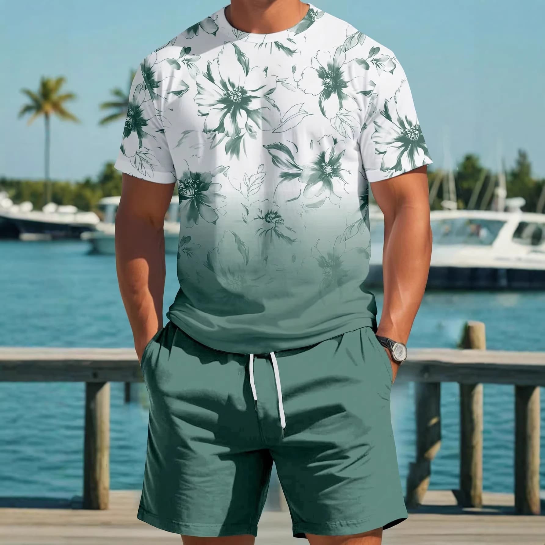 Source Factory Spring/Summer New Men's Casual Sportswear Set Gradient Color Pattern Short Sleeve and Shorts Two-Piece Set