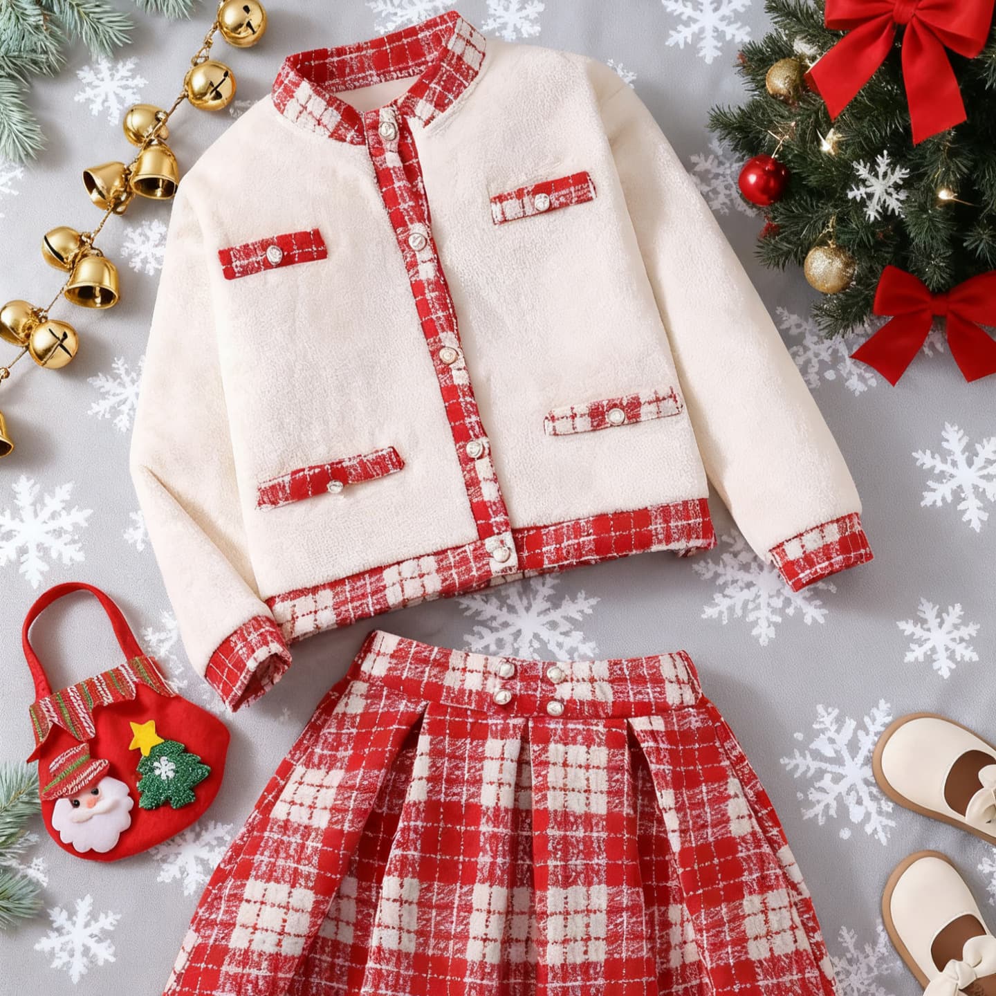 Girls' Winter Christmas Outfit Set Red Plaid Chanel-Style Pearl Button Jacket and Skirt Two-Piece Kids Ensemble